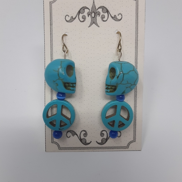 Handmade Skull Peace Sign Repurposed Bead Earrings - Picture 8 of 8